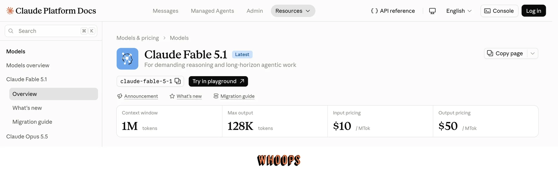 Claude Platform Docs 的 Fable 5.1 模型頁,顯示 claude-fable-5-1、1M token 上下文、128K token 輸出與每百萬 token 輸入 10 美元及輸出 50 美元