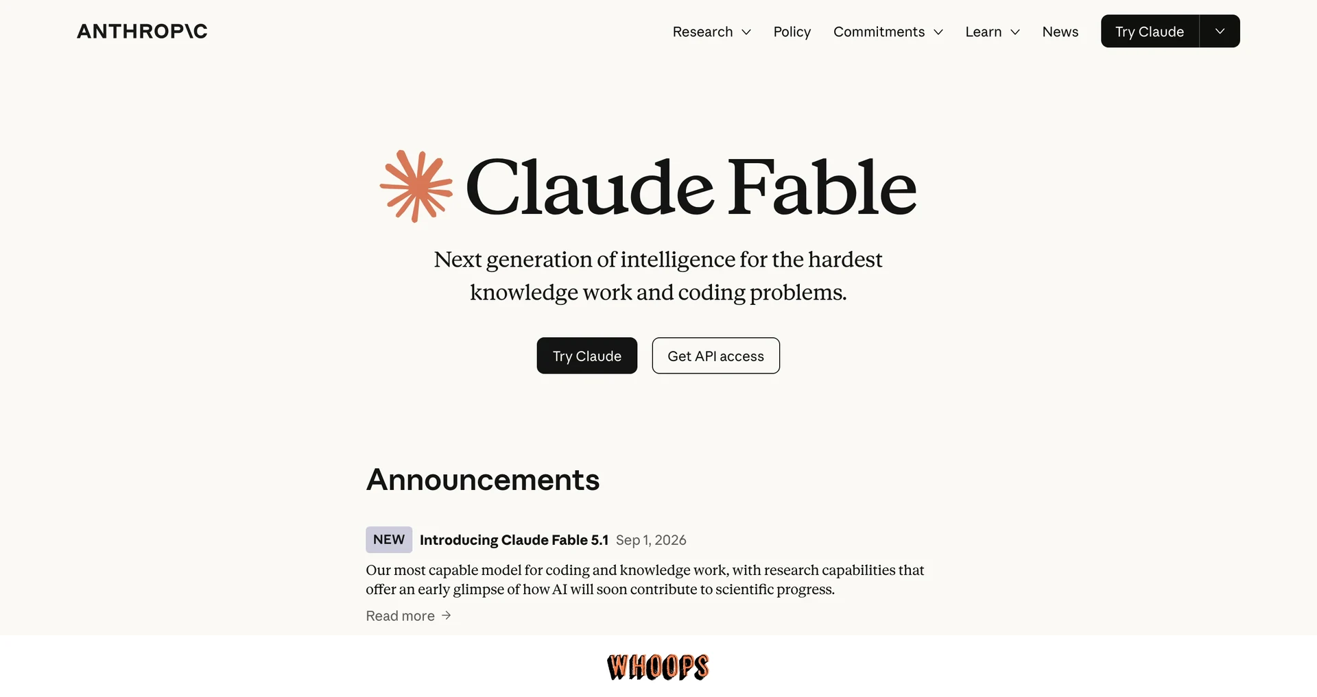 Anthropic 的 Claude Fable 官方產品頁,顯示產品標題、Try Claude 與 Get API access 入口,以及 2026 年 9 月 1 日 Fable 5.1 公告