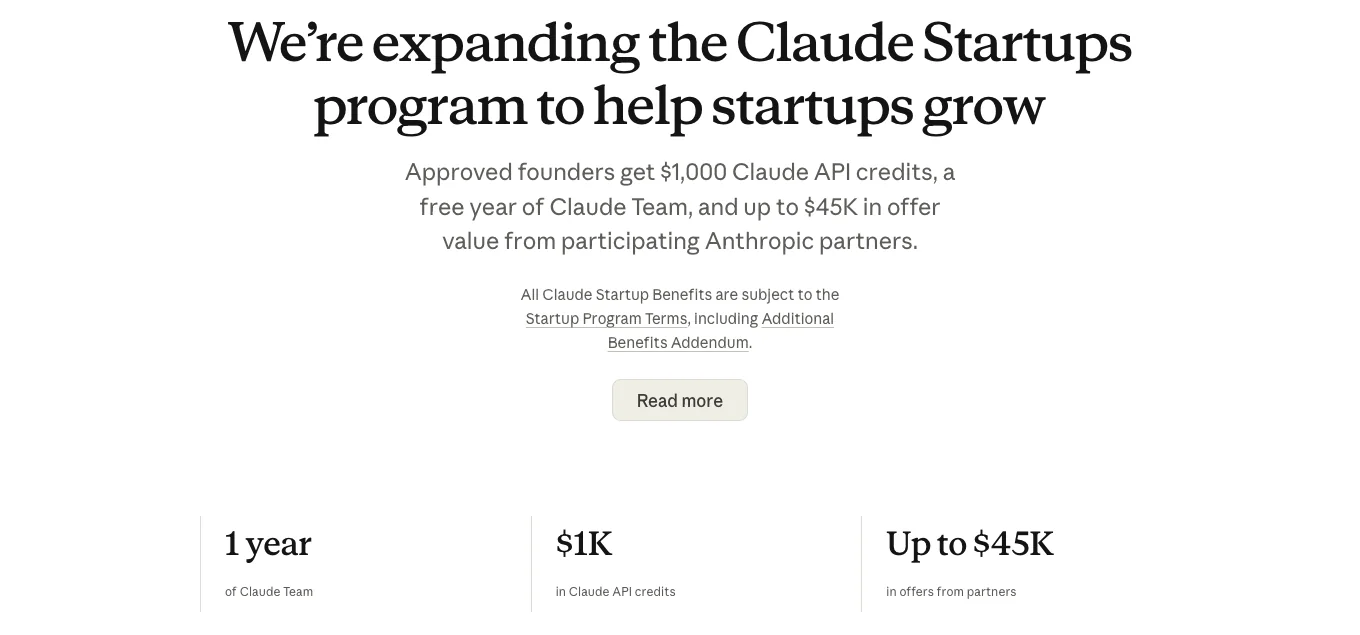 Claude Startups 官方福利區塊,列出一年 Claude Team、1,000 美元 API credits、最高 45,000 美元夥伴優惠及適用條款連結