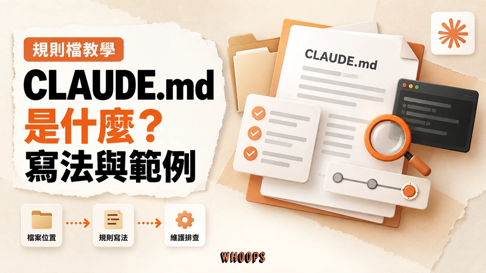 CLAUDE.md 教學封面,展示規則文件、專案資料夾、檢查清單與維護排查流程