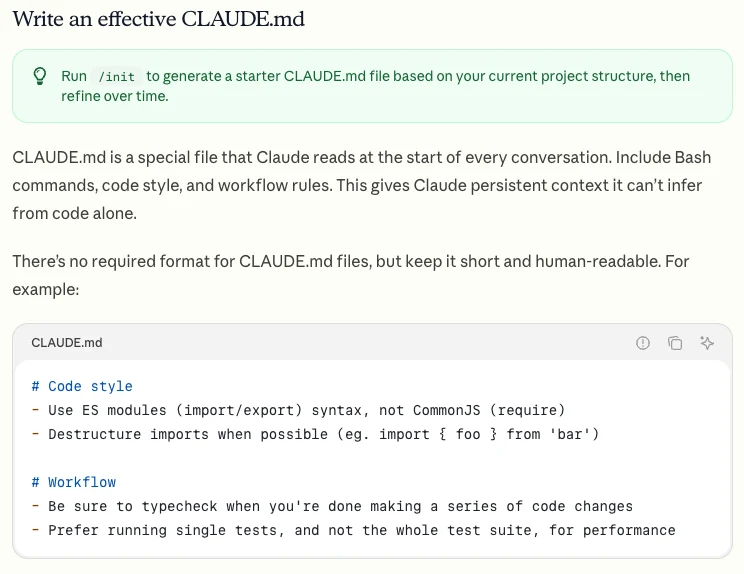 官方 Write an effective CLAUDE.md 段落,顯示 init 指令、精簡原則與工作流程範例