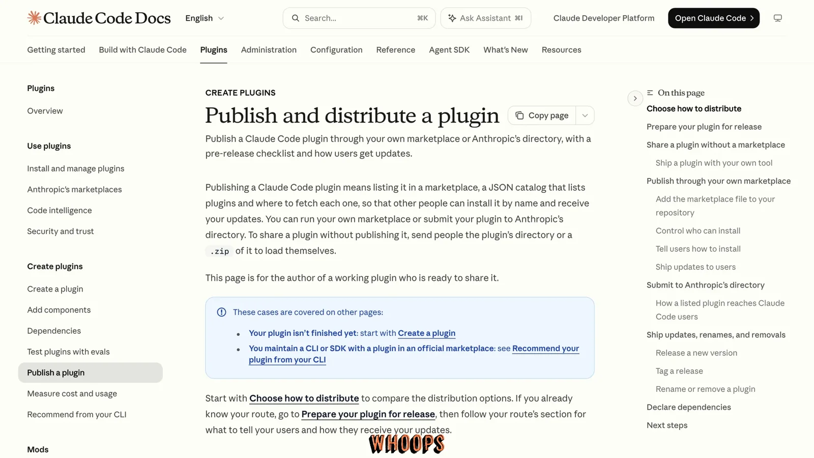 Claude Code Docs 的 Publish and distribute a plugin 頁面,顯示官方發布途徑說明