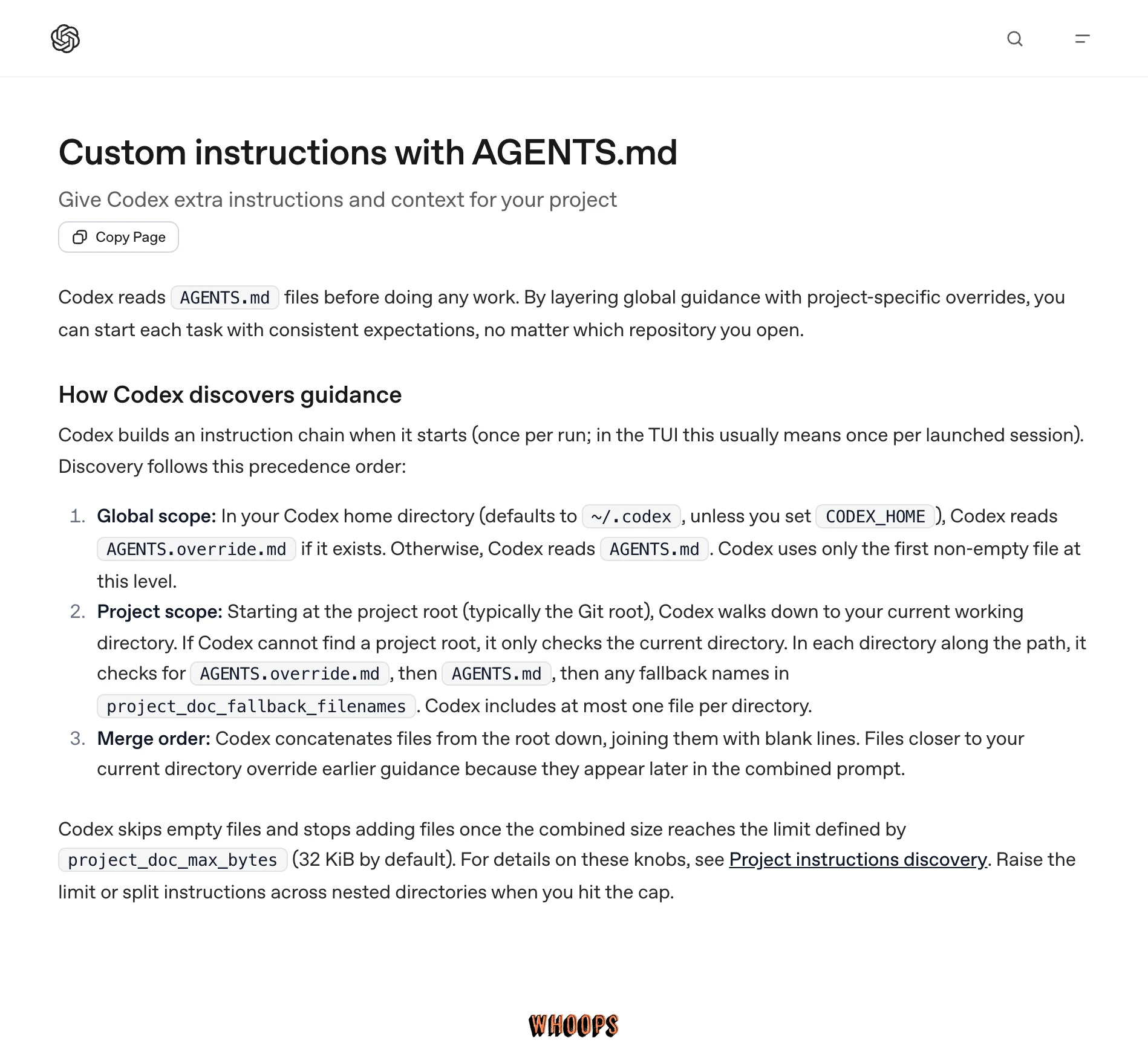 Codex 官方 AGENTS.md 文件列出 Global scope、Project scope、Merge order 三項載入規則,以及預設 32 KiB 合併限制