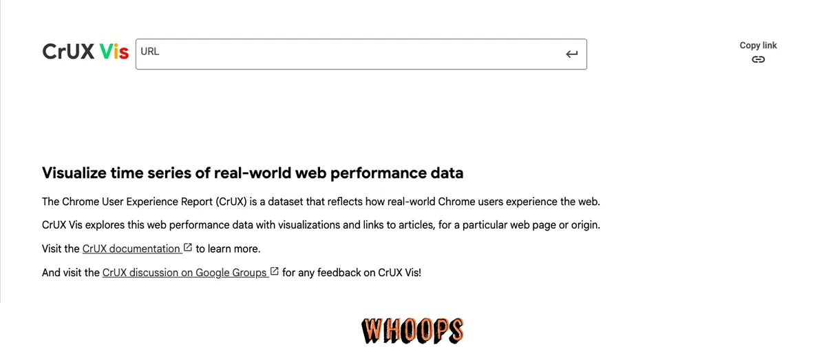 CrUX Vis 首頁的 URL 輸入框、送出圖示與真實使用者效能資料說明