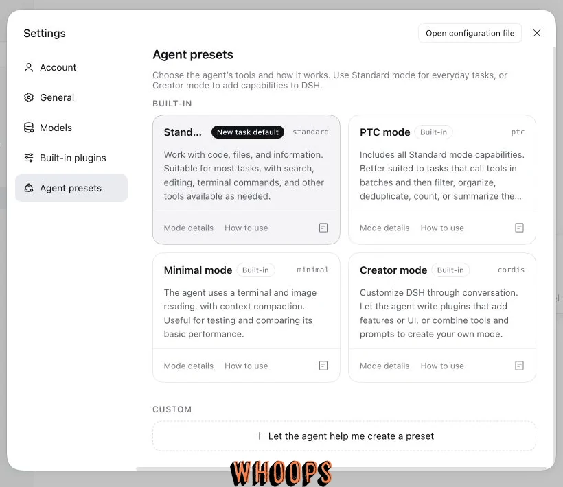 DeepSeek Harness Agent presets 頁面列出 Standard、PTC、Minimal 與 Creator 四種內建模式