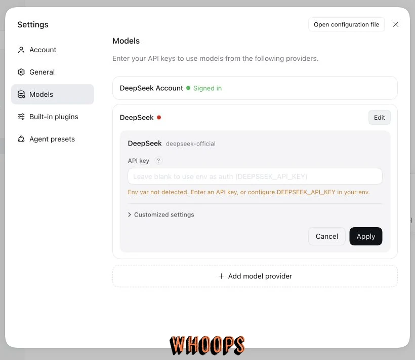 DeepSeek Harness DeepSeek 供應器編輯表單，API key 欄空白並提示可使用 DEEPSEEK_API_KEY 環境變數