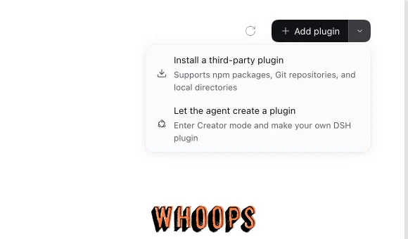 DeepSeek Harness Add plugin 選單顯示 Install a third-party plugin 與 Let the agent create a plugin