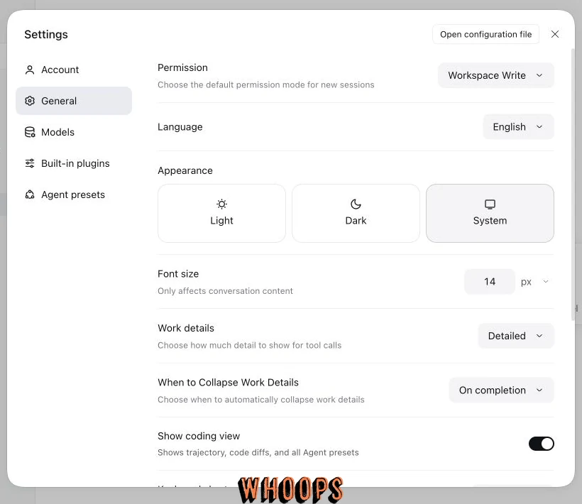 DeepSeek Harness General 設定包含預設權限、語言、外觀、字體、工作細節與 Show coding view