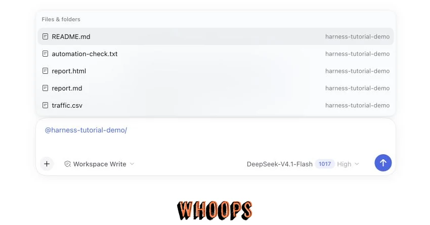 DeepSeek Harness 輸入 @harness-tutorial-demo/ 後列出 README.md、CSV、報告與排程結果檔案