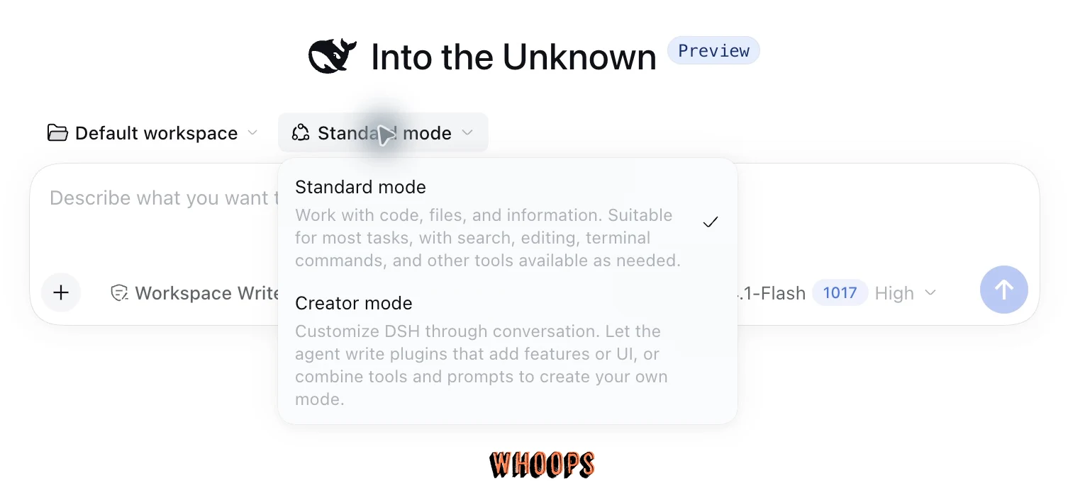 DeepSeek Harness 任務輸入框上方展開 Standard mode 與 Creator mode 選單