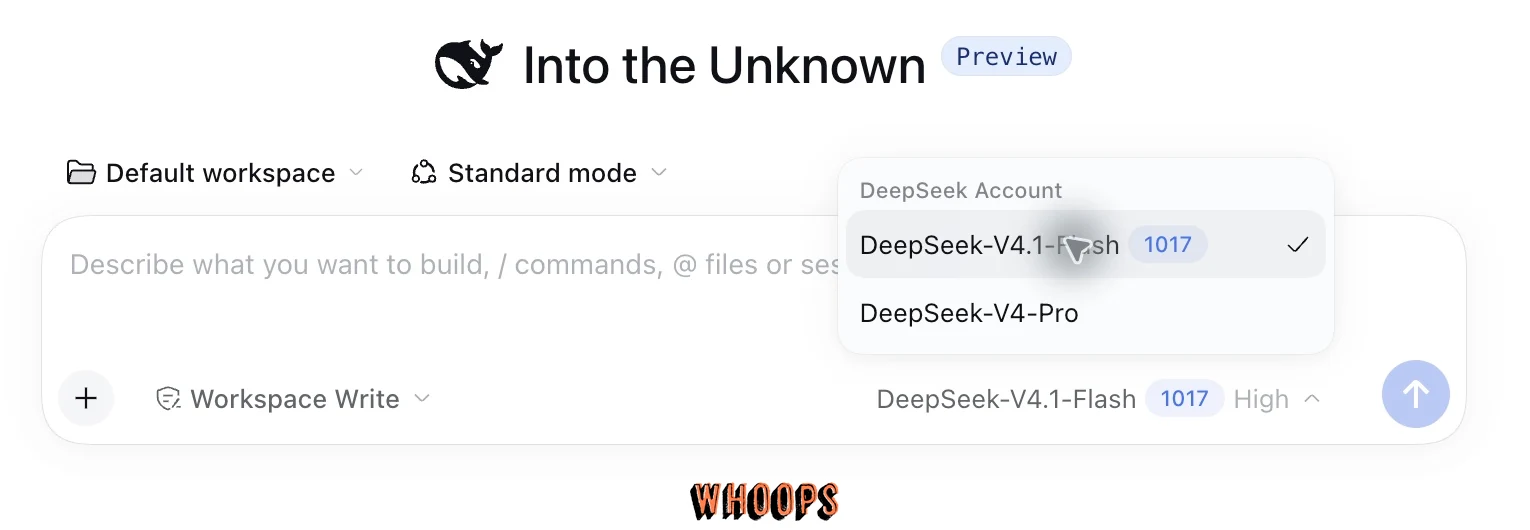 DeepSeek Harness 模型選單顯示 DeepSeek-V4.1-Flash 1017 與 DeepSeek-V4-Pro
