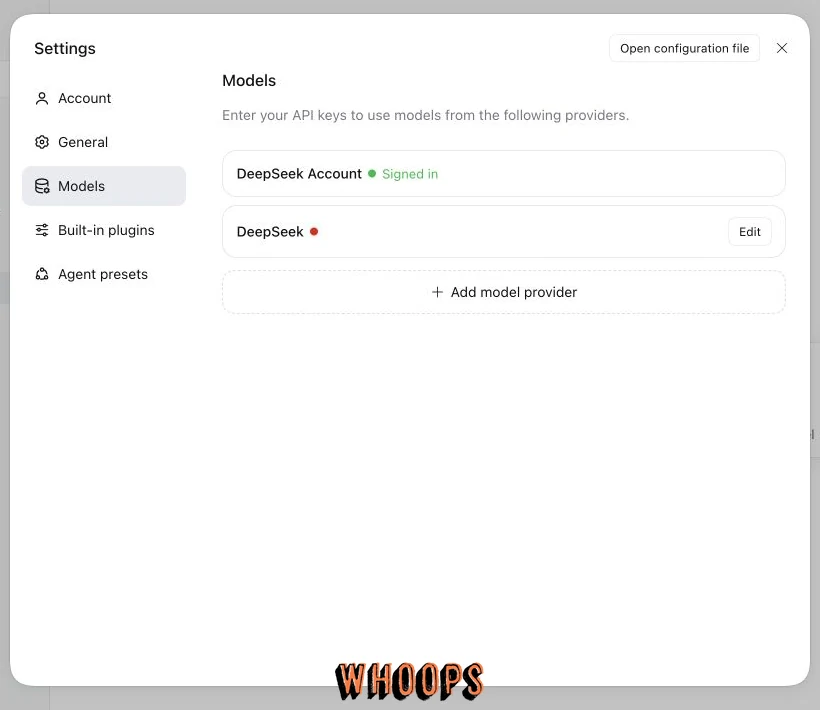 DeepSeek Harness Models 設定中顯示已登入的 DeepSeek Account、DeepSeek 供應器與 Add model provider