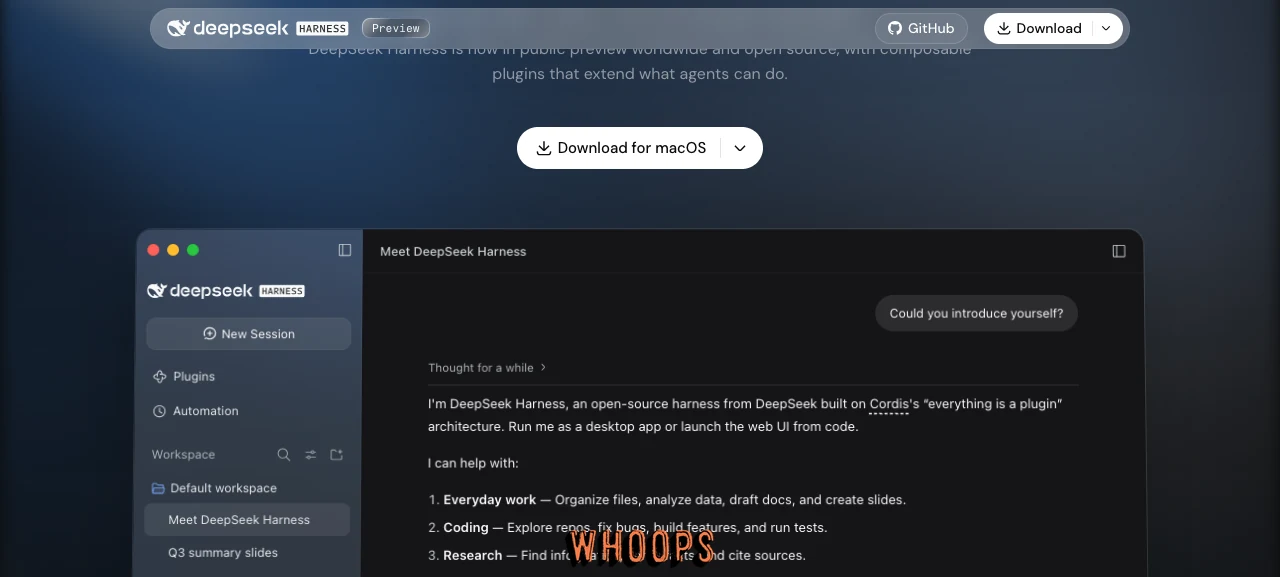 DeepSeek Harness 官方產品頁截圖，顯示 Preview 標籤與 Download for macOS 按鈕，以及側邊欄含 New Session、Plugins、Automation 的桌面 App 介面