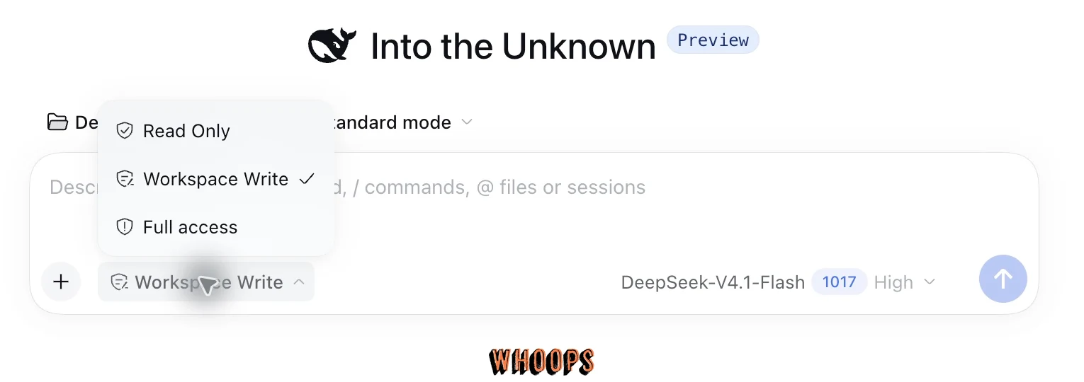 DeepSeek Harness 權限選單顯示 Read Only、Workspace Write 與 Full access