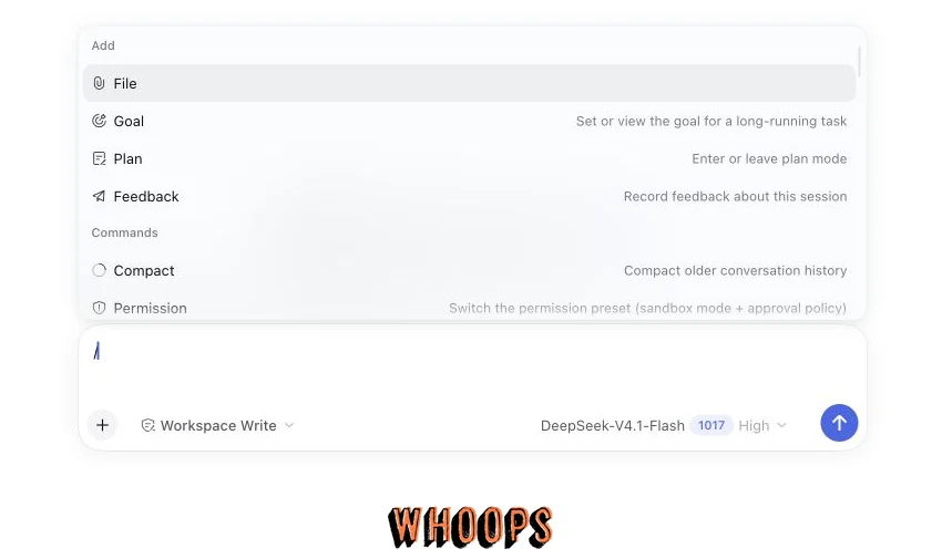 DeepSeek Harness 輸入斜線後展開 File、Goal、Plan、Feedback、Compact 與 Permission 指令