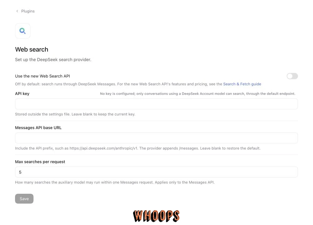 DeepSeek Harness Web search 設定頁顯示 Use the new Web Search API、空白 API key、Messages API base URL 與 Max searches per request