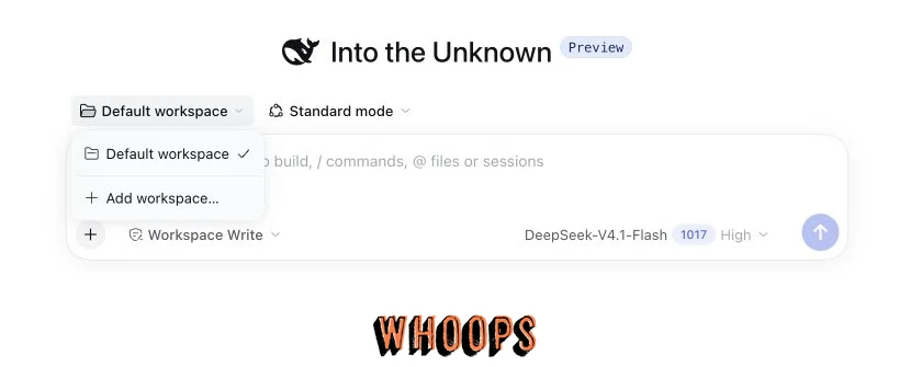 DeepSeek Harness 工作區選單列出 Default workspace 與 Add workspace