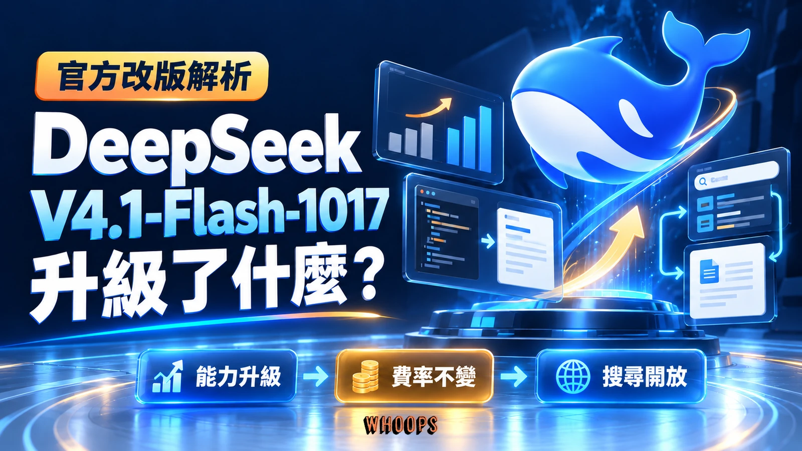 DeepSeek V4.1-Flash-1017 升級重點示意，呈現能力升級、費率不變與搜尋 API 開放