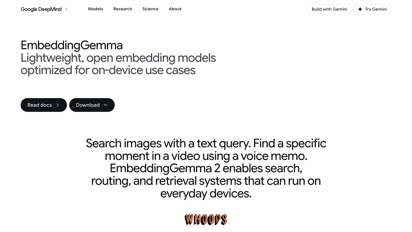 Google DeepMind 的 EmbeddingGemma 模型頁,說明以文字查圖片、以語音找影片片段及裝置端檢索用途