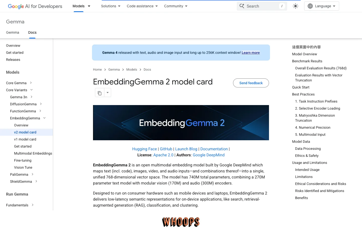 Google 官方 EmbeddingGemma 2 模型卡總覽,顯示 740M 總參數、270M 文字模型與視覺和音訊編碼器