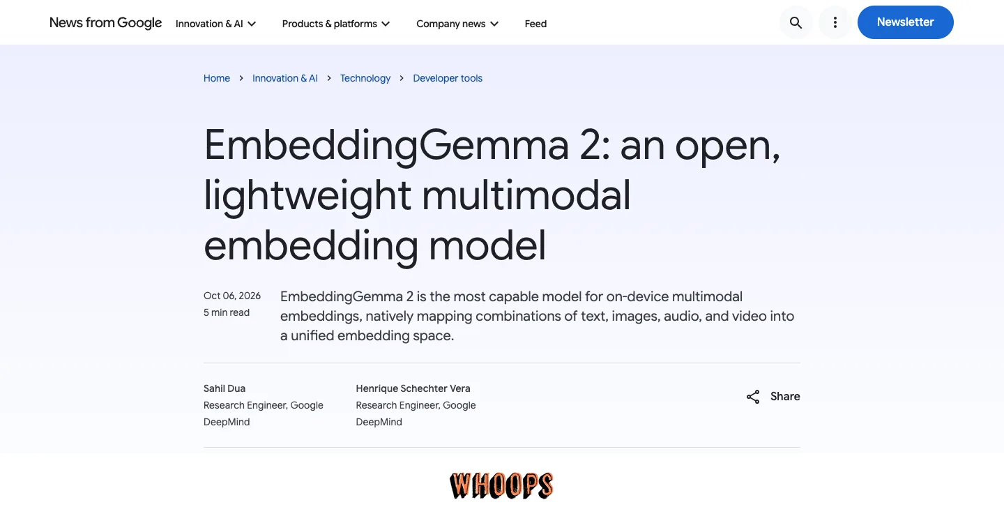 Google 官方部落格的 EmbeddingGemma 2 公告,顯示 2026 年 10 月 6 日發布日期與多模態嵌入模型定位