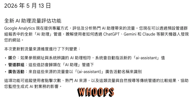 Google Analytics 官方更新說明 AI 助理流量評估功能,以及 ai-assistant 媒介、管道和廣告活動的自動分類