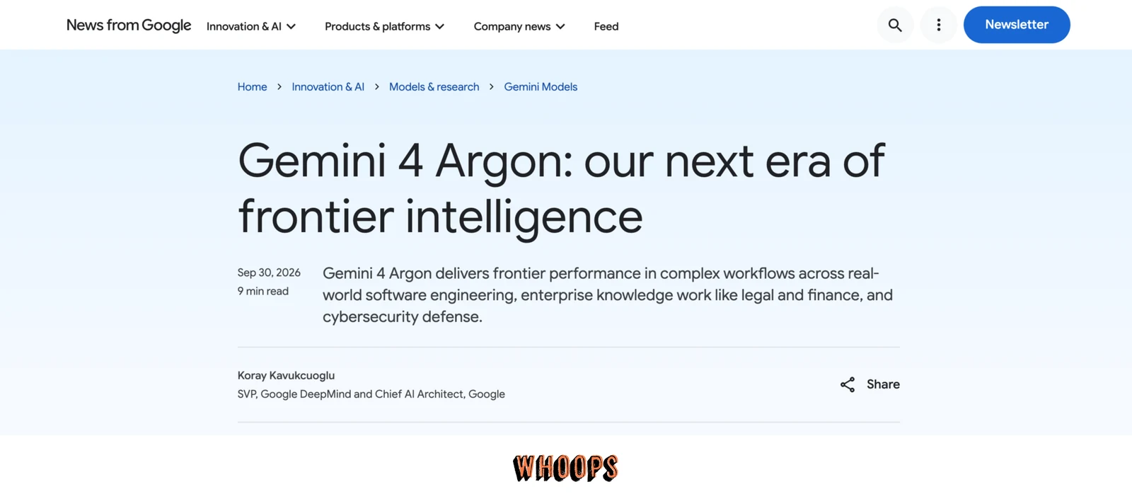 Google 官方發布公告的標題、日期及 Gemini 4 Argon 定位說明