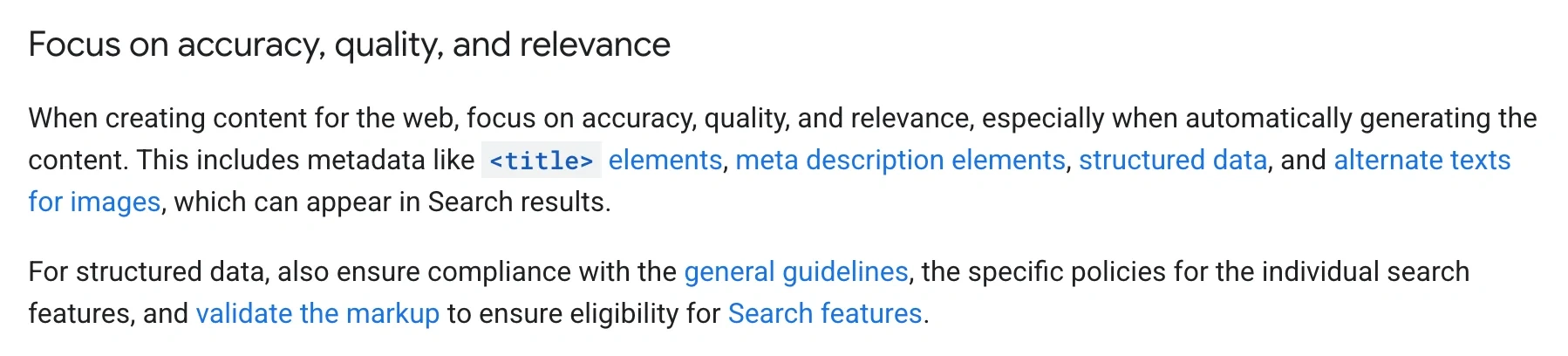 Google 官方生成式 AI 內容指引同一節的更新前版本,僅提醒專注於準確性品質與相關性,未見人工查證要求