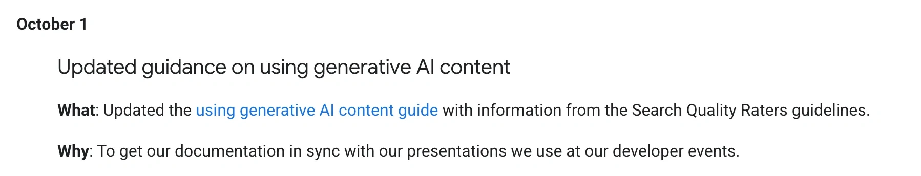 Google Search Central 官方更新日誌 2026 年 10 月 1 日條目:Updated guidance on using generative AI content