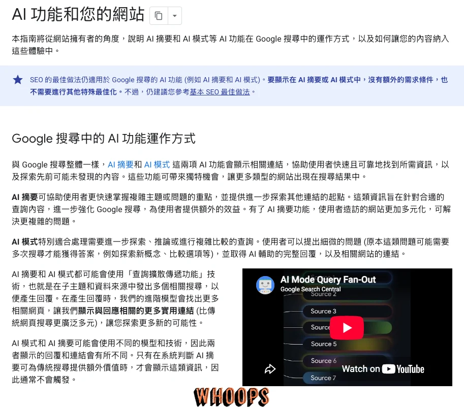 Google 搜尋中心 AI 功能官方文件重點截圖,說明查詢擴散可搜尋子主題與多個資料來源