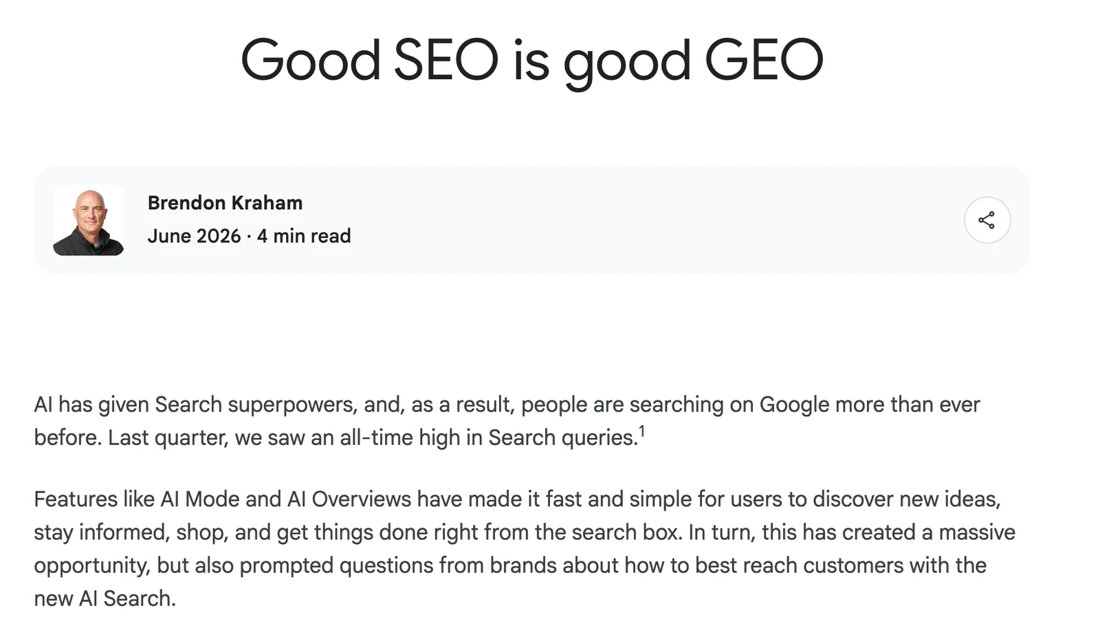 Think with Google 的 Good SEO is good GEO 文章標題與作者 Brendon Kraham,發布於 2026 年 6 月