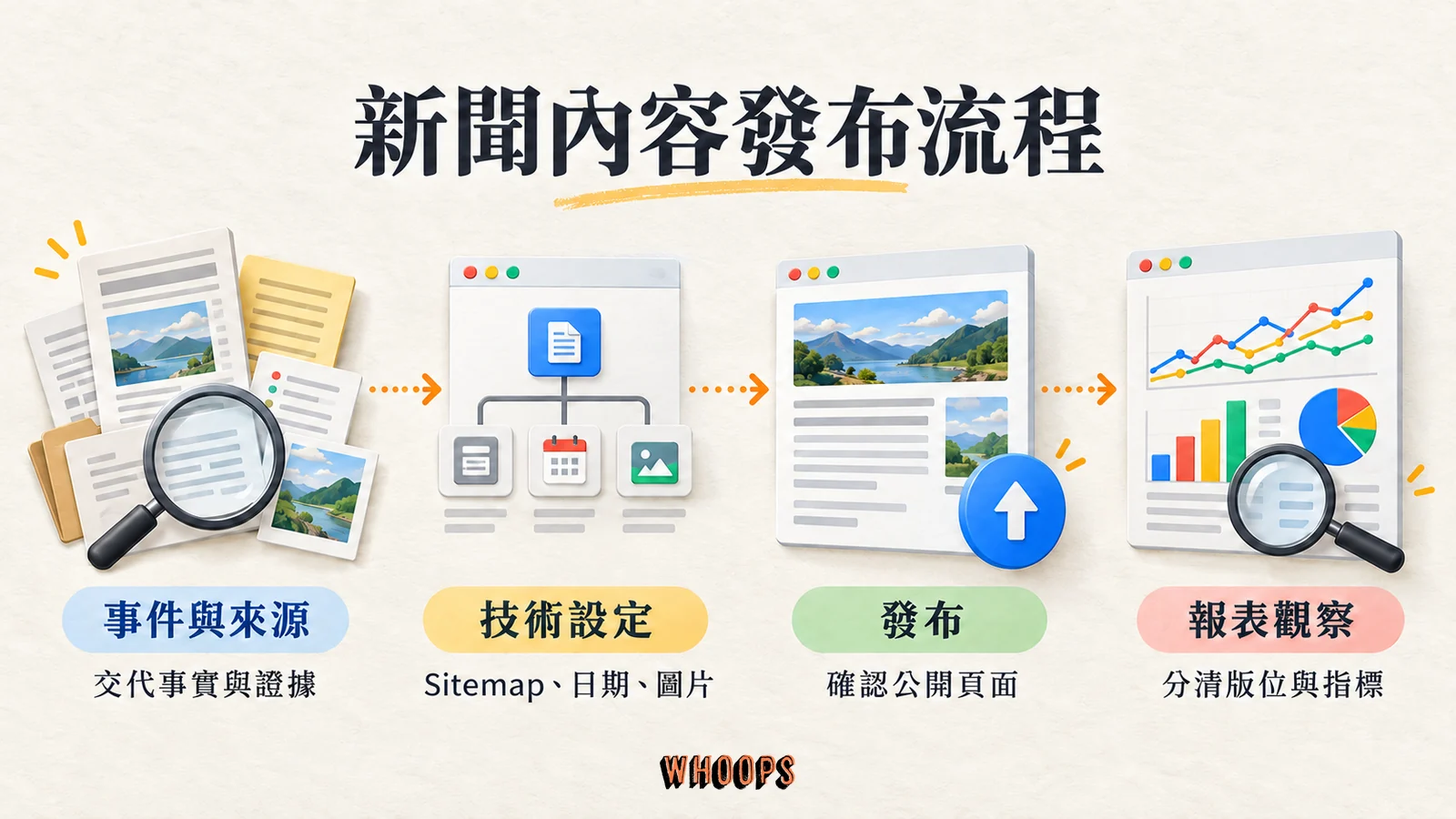 新聞內容發布的四個步驟：查核事件與來源、設定 Sitemap 日期與圖片、確認公開頁面、分開觀察版位與指標