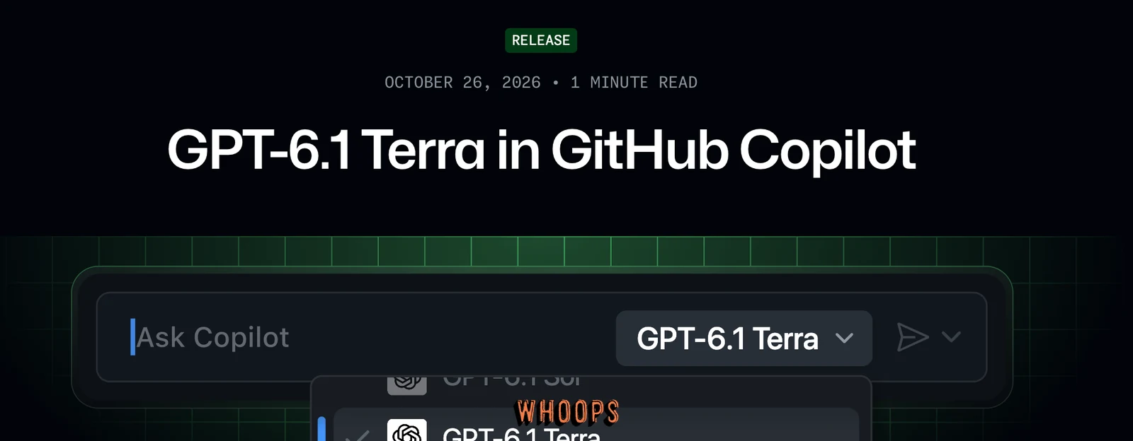 GitHub 官方 changelog 的 GPT-6.1 Terra in GitHub Copilot 公告標題與模型選單畫面