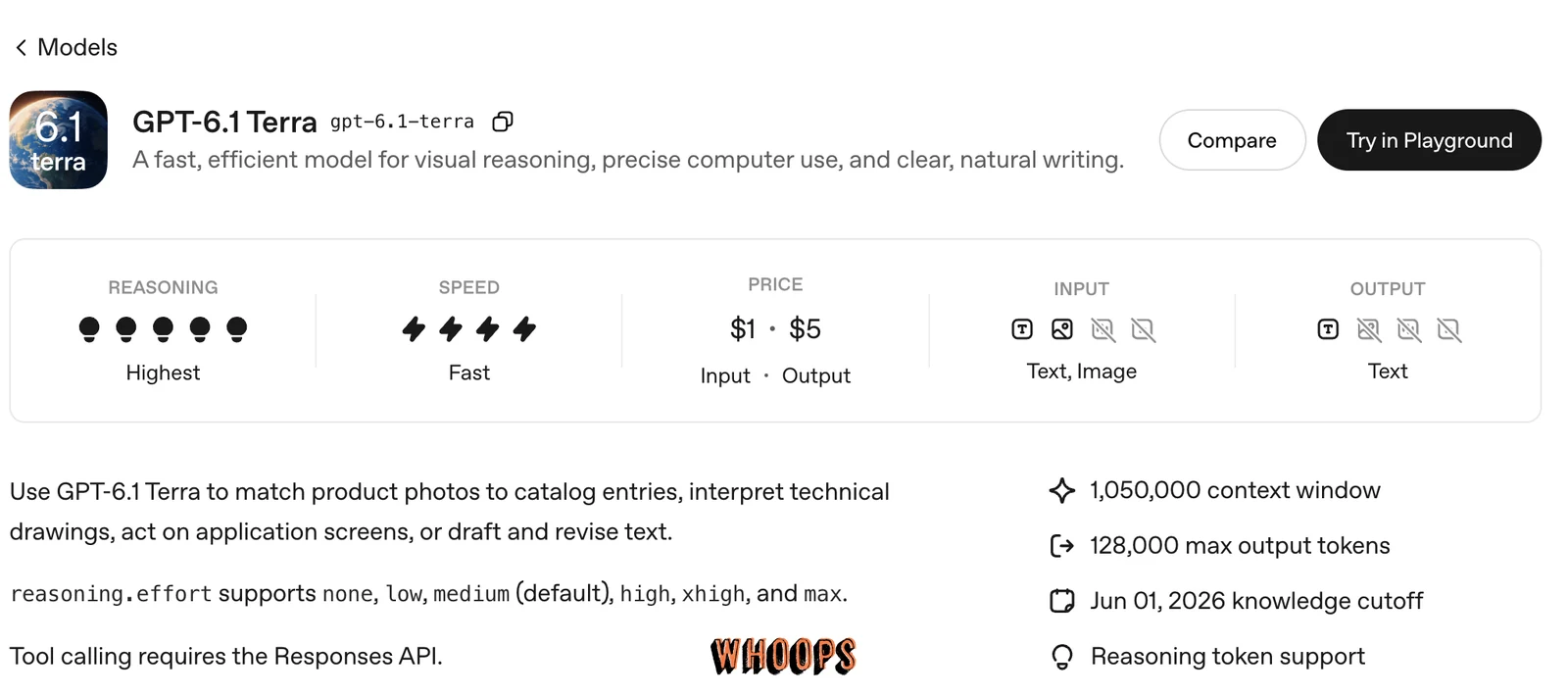 OpenAI Developers 模型頁列出 GPT-6.1 Terra 的 105 萬 tokens 上下文、文字圖片輸入與 Responses API 工具呼叫要求