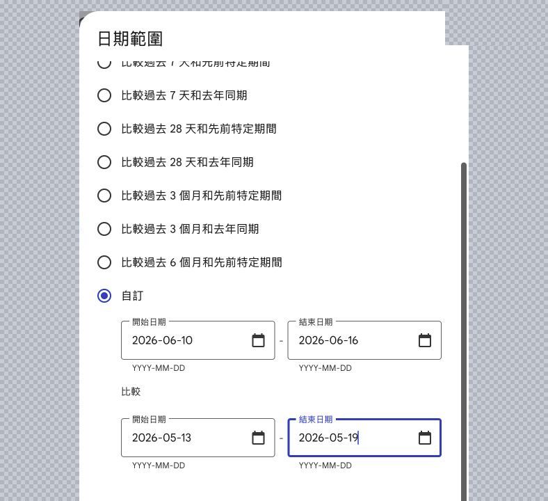 Search Console 自訂日期比較，設定更新後與更新前兩段七天期間