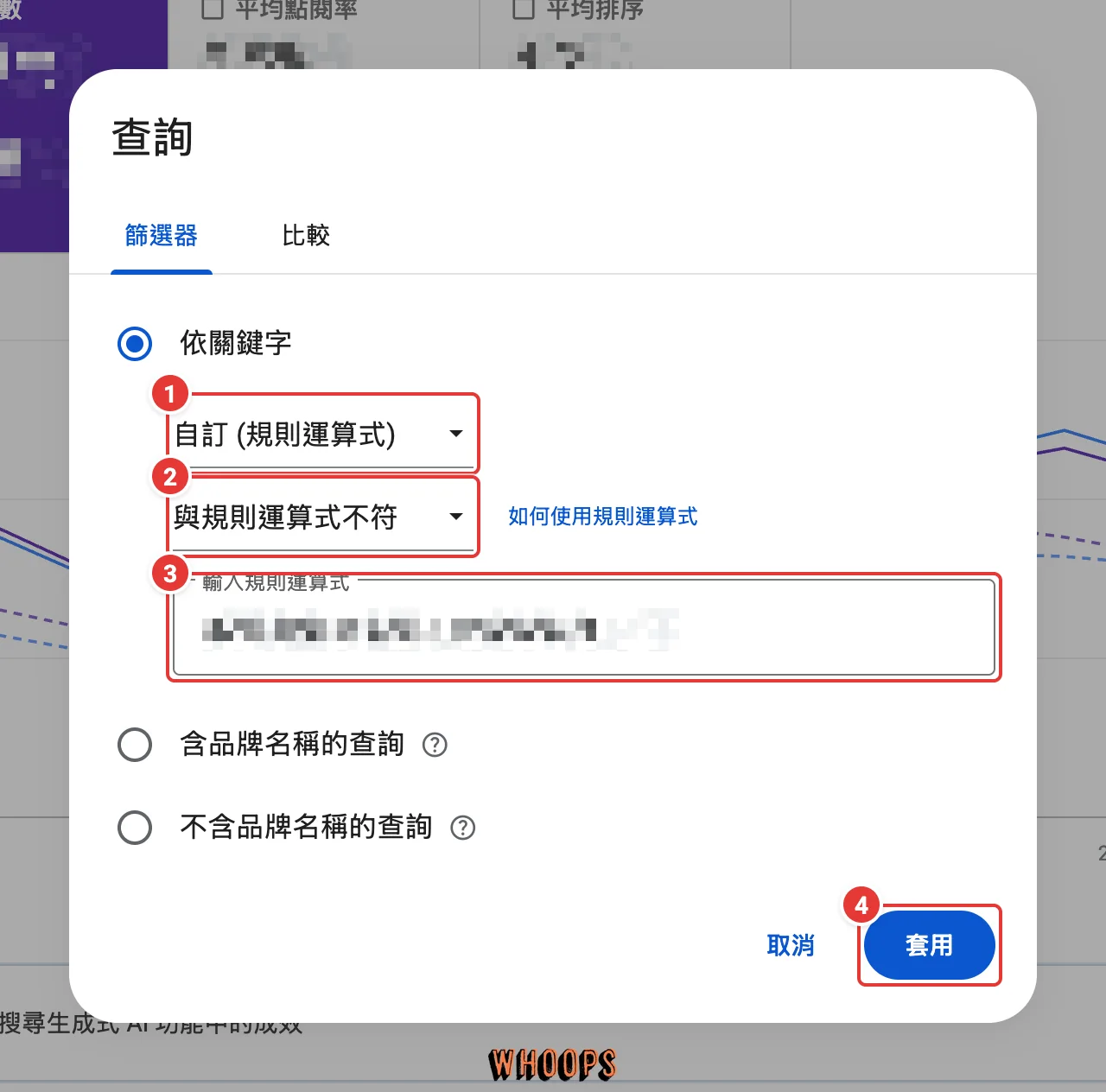 GSC 查詢篩選視窗,紅框依序標出自訂規則運算式、不符條件、品牌規則輸入欄與套用按鈕