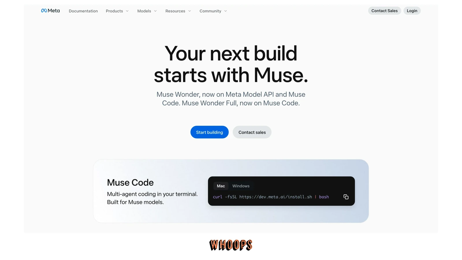 Meta 開發者網站顯示 Muse Wonder 已提供 Meta Model API 與 Muse Code,Wonder Full 提供 Muse Code,並列出 Muse Code 終端安裝入口