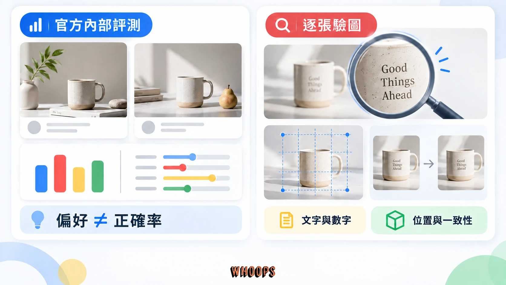 官方內部偏好評測與逐張核對文字數字、位置及一致性的差異