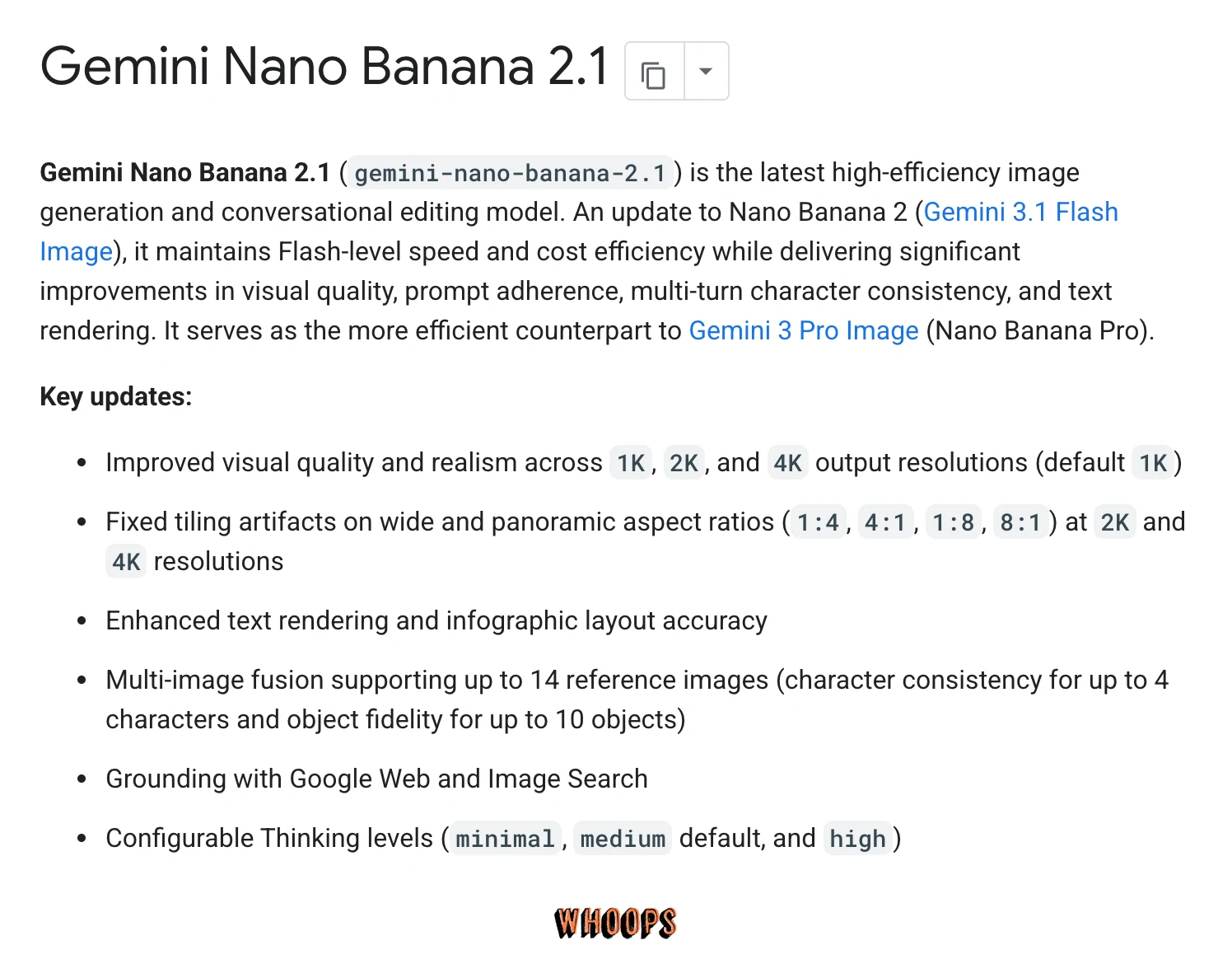 Gemini Nano Banana 2.1 官方 API 文件的 Key updates,涵蓋寬幅生成、文字渲染、最多 14 張參考圖、搜尋接地與 Thinking 等級