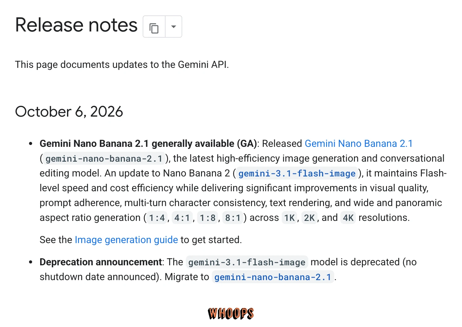 Gemini API 官方 Release notes 的 October 6, 2026 條目,列出 Nano Banana 2.1 GA 與舊模型尚未公布停用日期