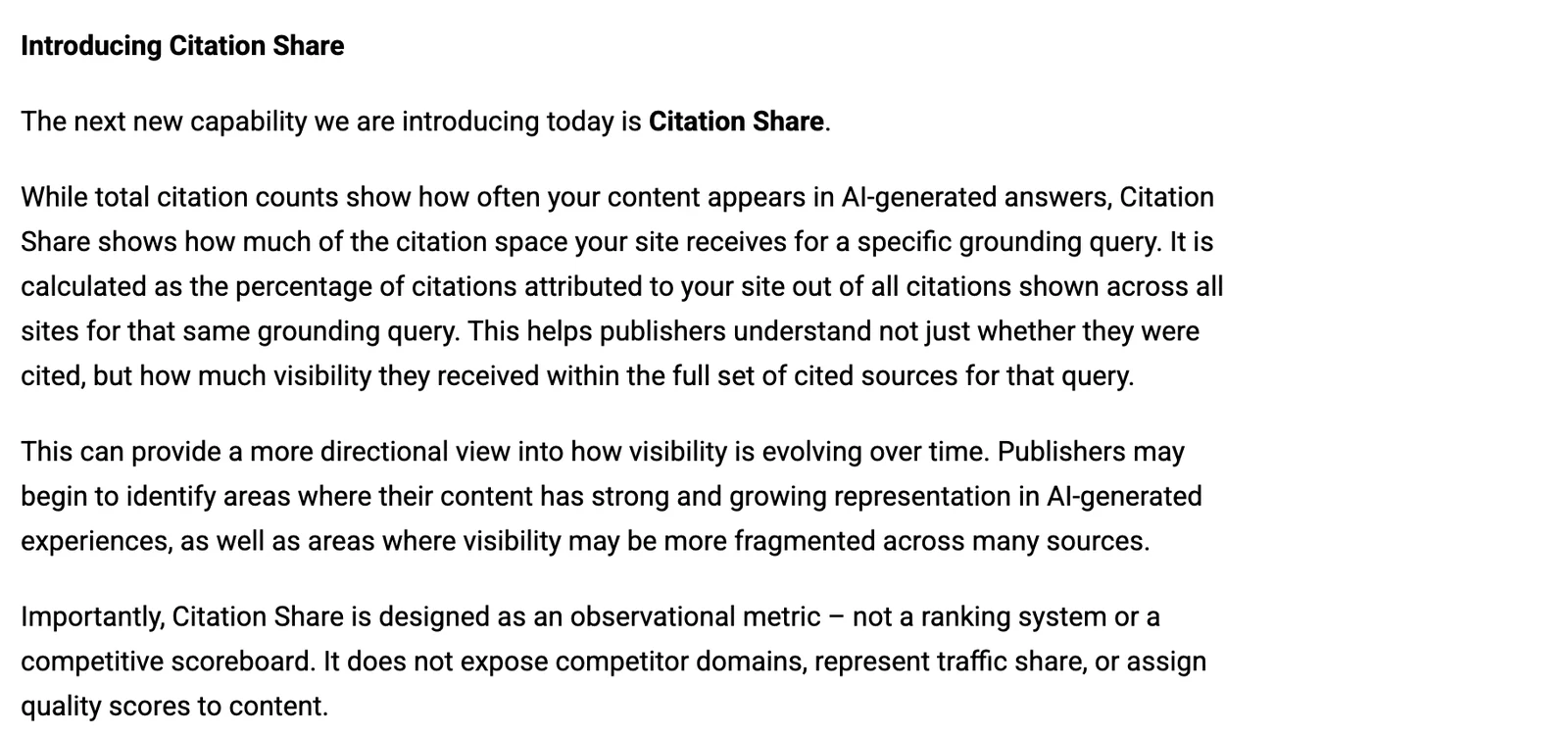 Bing 官方文件中 Citation Share 引用占比的定義