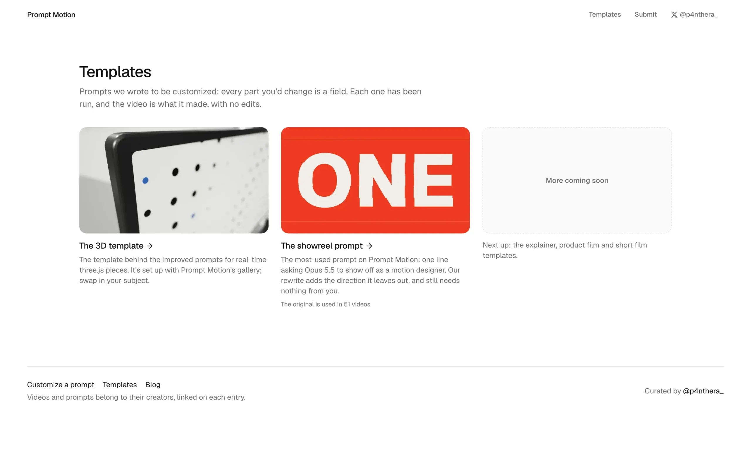 Prompt Motion Templates 頁展示 Three.js 3D 範本與 showreel 提示詞範本