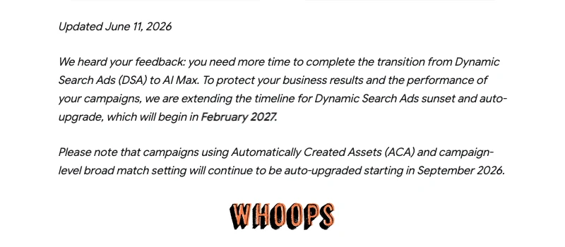 Google 2026 年 6 月 11 日更新公告,DSA 自動升級延至 2027 年 2 月,ACA 與活動層級廣泛比對仍自 2026 年 9 月開始