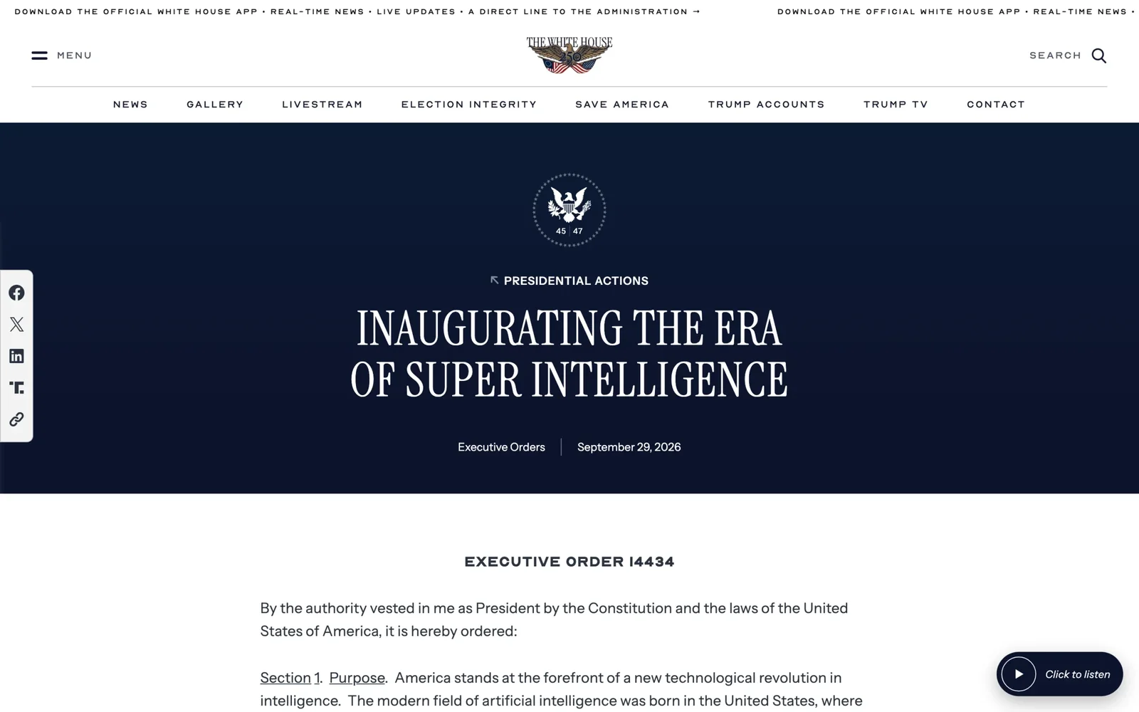 白宮官方行政命令頁面,標題為 Inaugurating the Era of Super Intelligence,日期為 2026 年 9 月 29 日