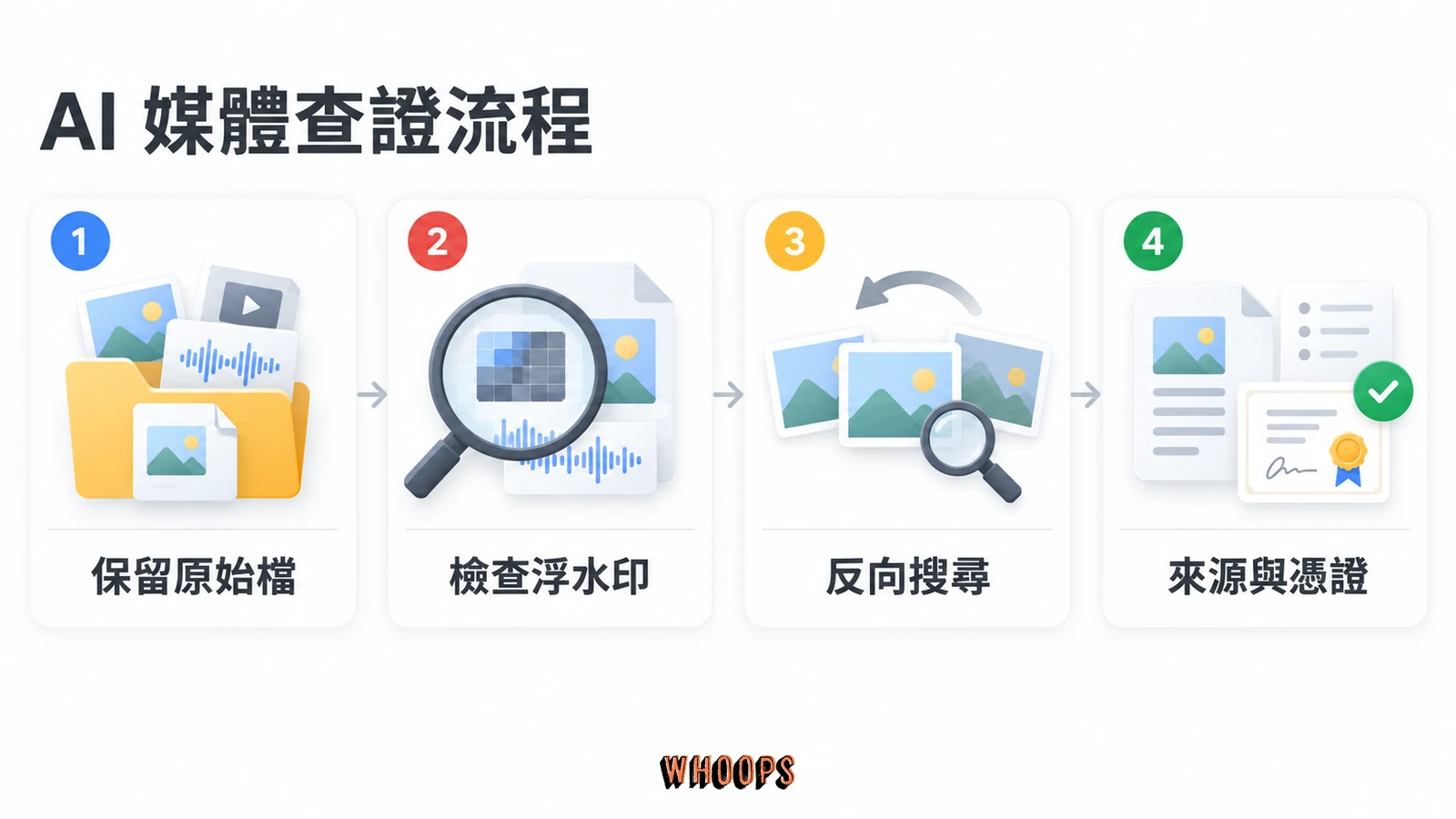 AI 媒體查證流程:保存原始檔、驗浮水印、反向圖片搜尋、核對來源與內容憑證