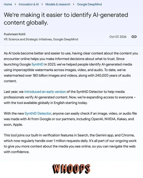 Google 官方 SynthID Detector 全球開放公告,列出 Google、OpenAI、NVIDIA 與 Kakao 夥伴
