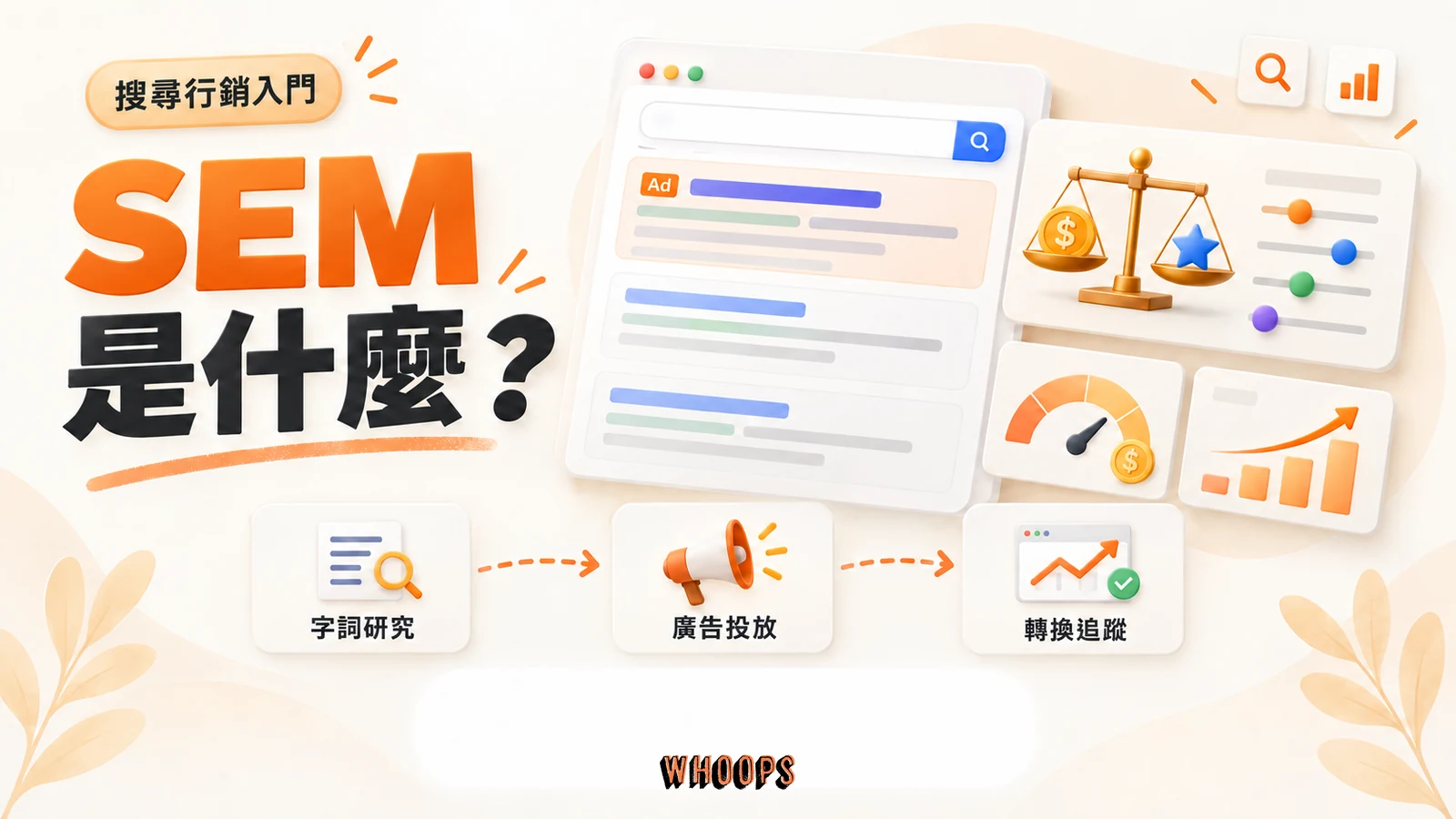 SEM 搜尋引擎行銷指南,呈現搜尋廣告、競價控制、預算與轉換追蹤概念