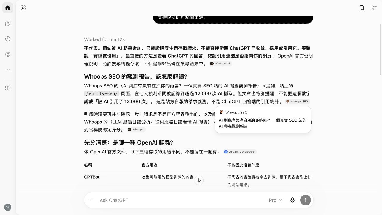 ChatGPT 回答展開 Whoops SEO 引用卡片,顯示 AI 爬蟲觀測報告標題