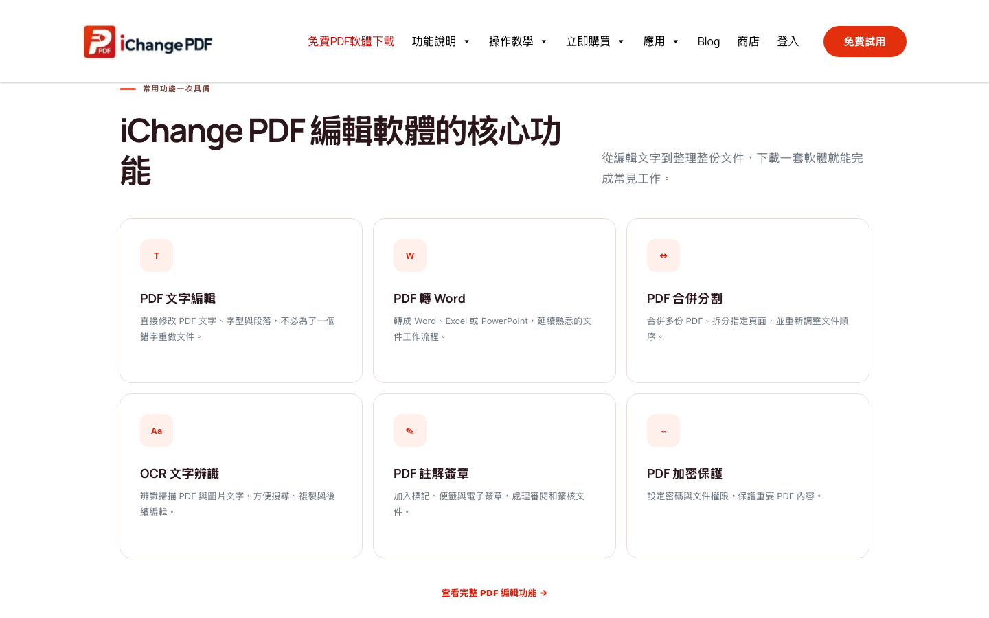 iChange 官方下載頁列出文字編輯、轉檔、合併分割、OCR、註解簽章與加密功能