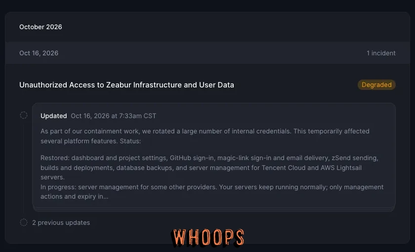 Zeabur 狀態頁列出 2026 年 10 月 16 日基礎設施與使用者資料未授權存取事件